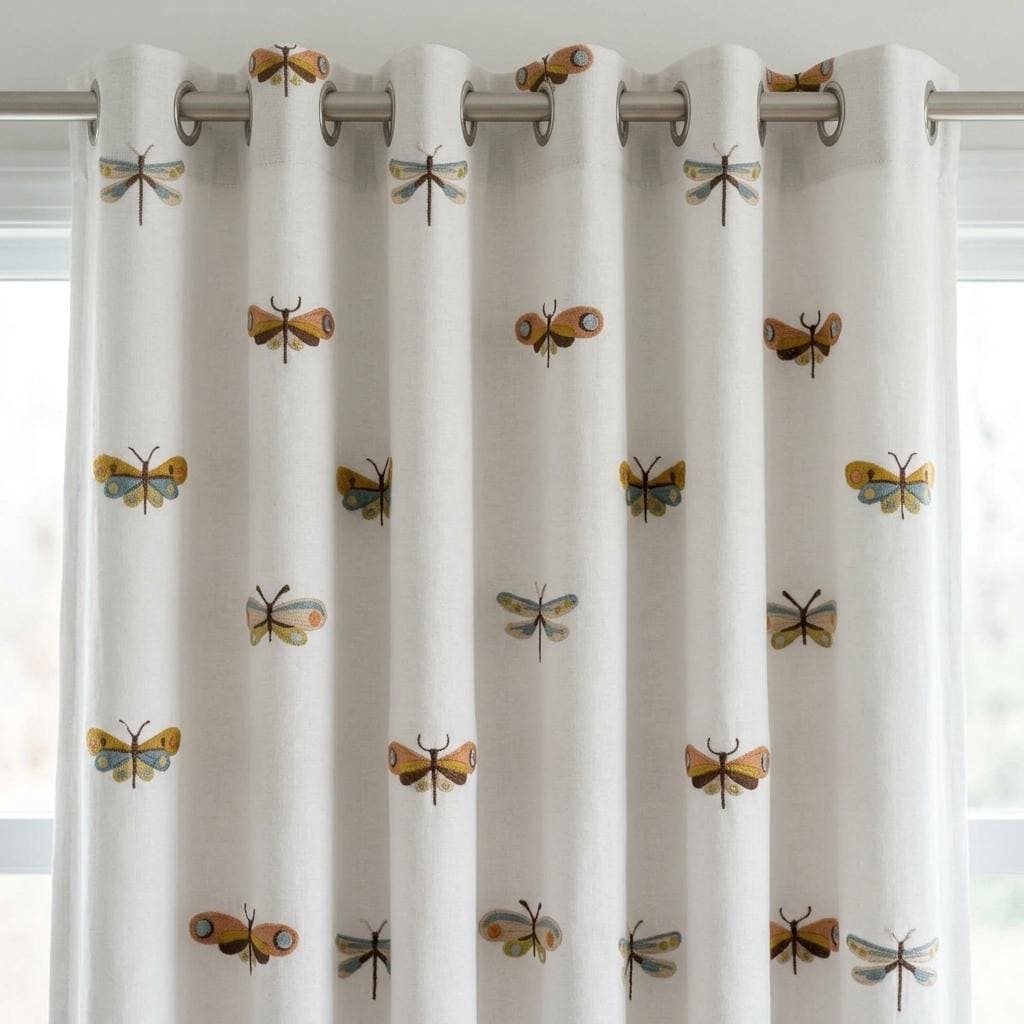 Soft White Linen Embroidered Curtains, Terracotta Blue Butterfly & Dragonfly, Custom Blackout Nursery Drapes — image 9