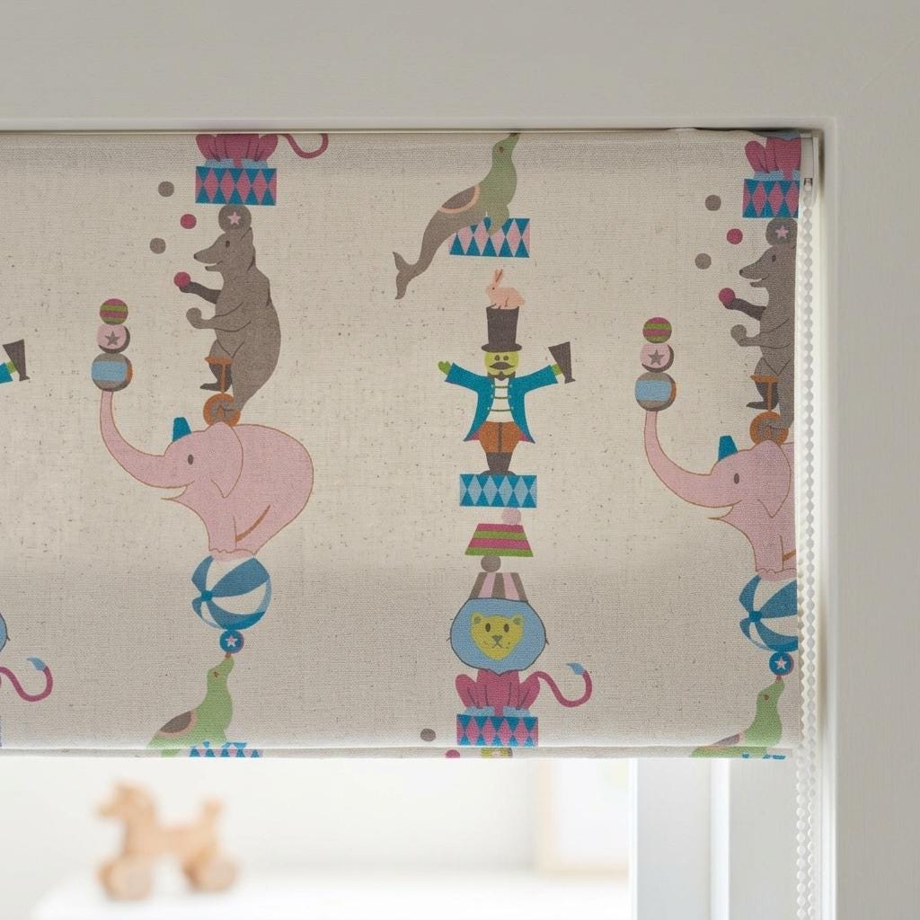 Soft Cream Linen Roman Shade, Pink Elephant Circus Animal Nursery Blind, Kids Custom Blackout or Light Filtering Shade — image 5