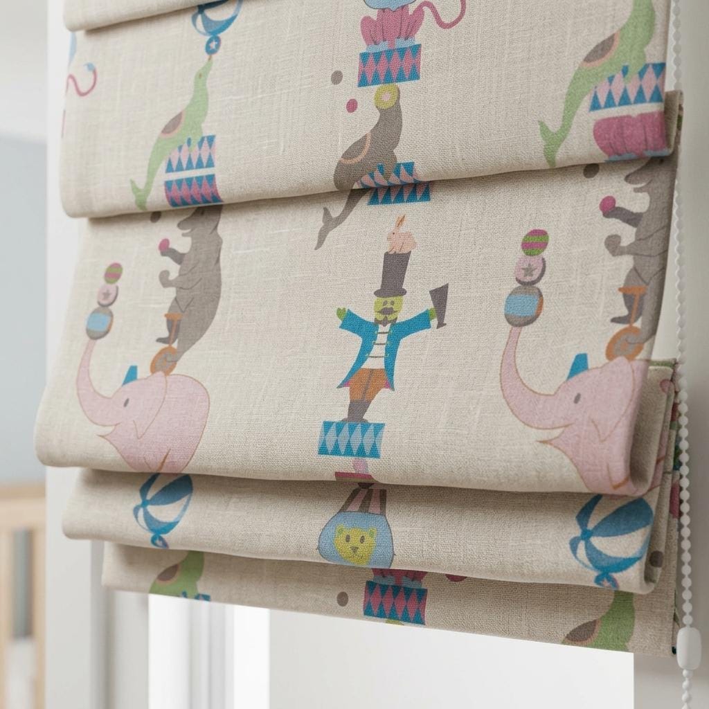 Soft Cream Linen Roman Shade, Pink Elephant Circus Animal Nursery Blind, Kids Custom Blackout or Light Filtering Shade — image 9