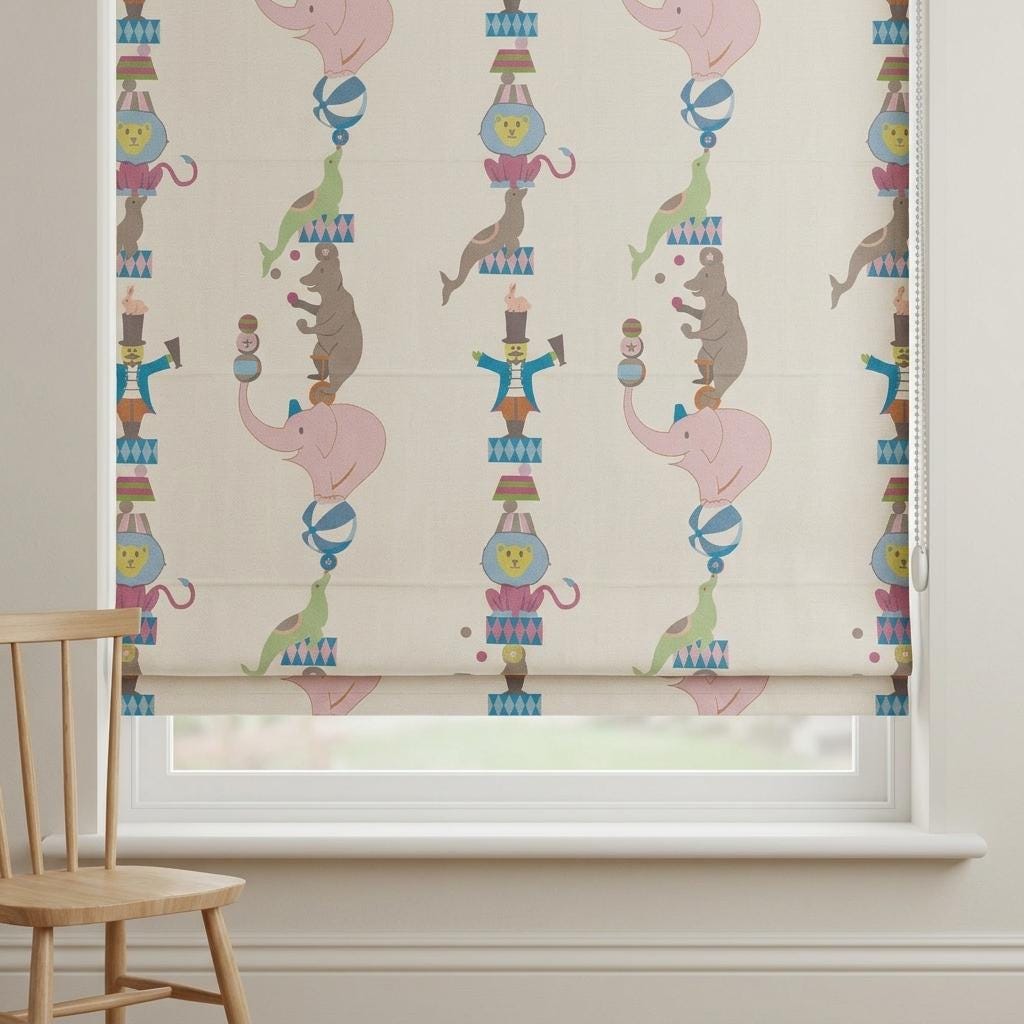 Soft Cream Linen Roman Shade, Pink Elephant Circus Animal Nursery Blind, Kids Custom Blackout or Light Filtering Shade — image 1