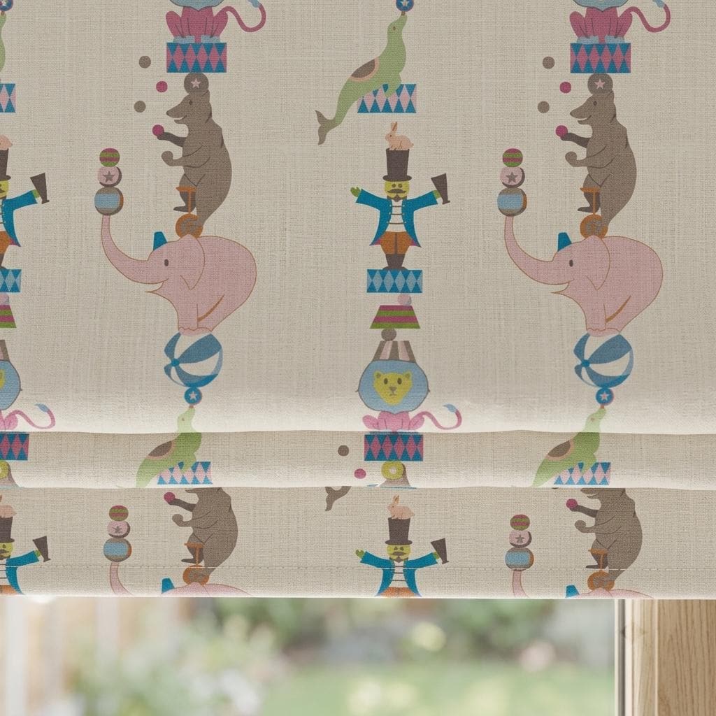 Soft Cream Linen Roman Shade, Pink Elephant Circus Animal Nursery Blind, Kids Custom Blackout or Light Filtering Shade — image 10