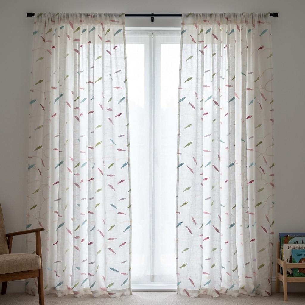 White Linen Sheer Curtains, Pastel Embroidered Fish Drapes, Coastal Ocean Nursery Custom Light Filtering Panels — image 2