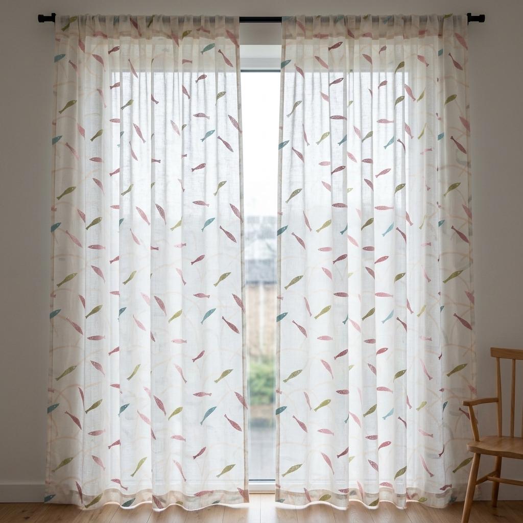 White Linen Sheer Curtains, Pastel Embroidered Fish Drapes, Coastal Ocean Nursery Custom Light Filtering Panels — image 8