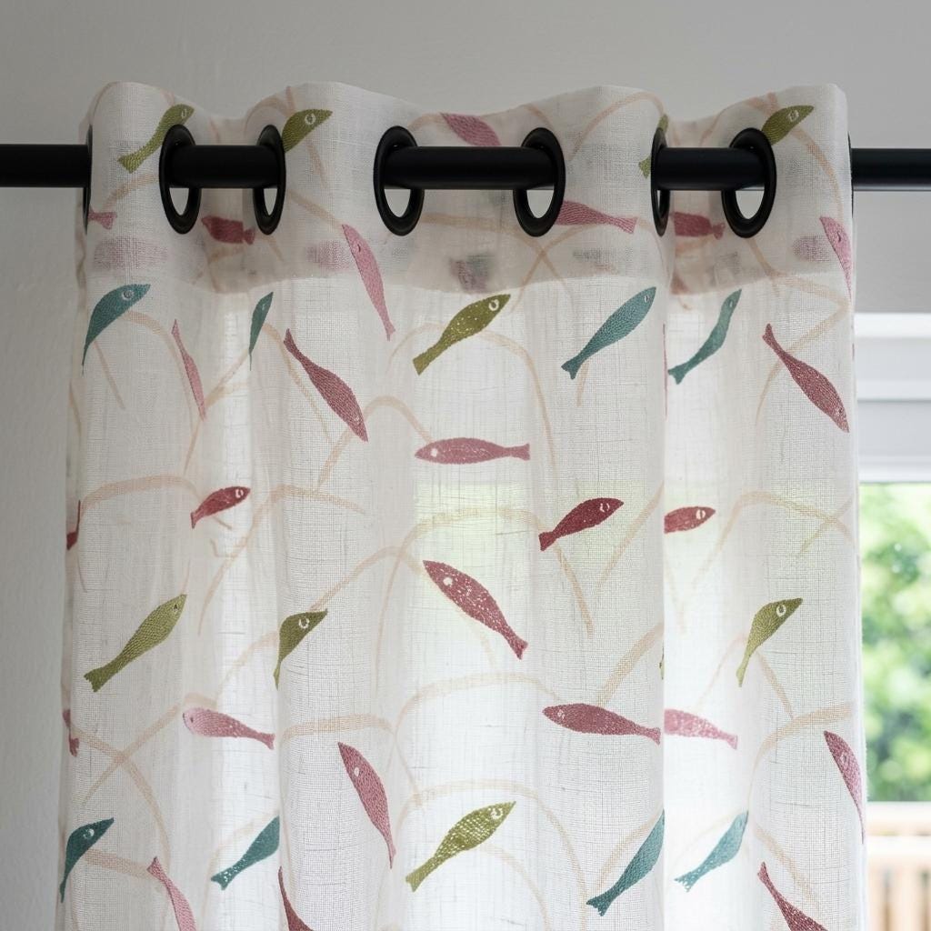 White Linen Sheer Curtains, Pastel Embroidered Fish Drapes, Coastal Ocean Nursery Custom Light Filtering Panels — image 4