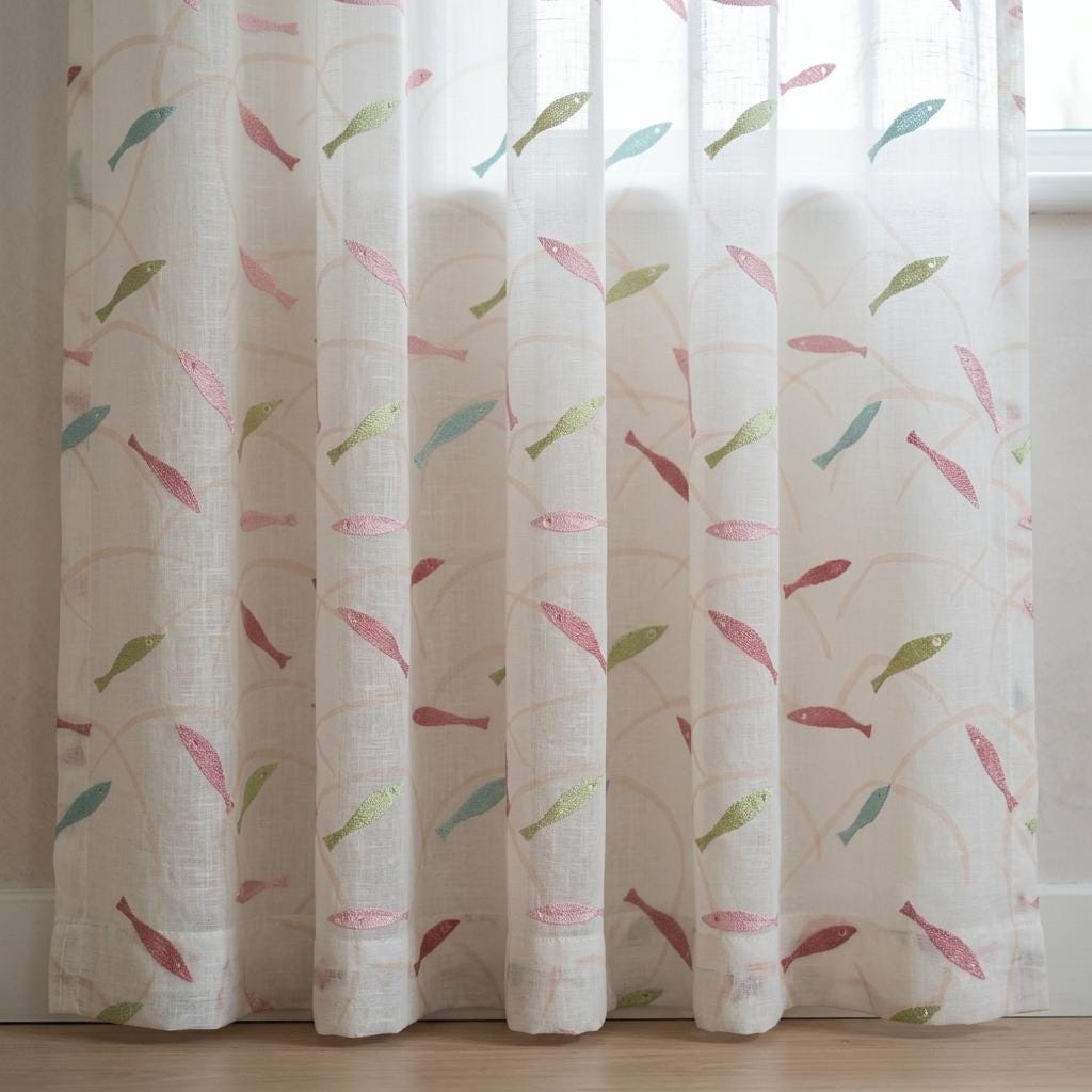 White Linen Sheer Curtains, Pastel Embroidered Fish Drapes, Coastal Ocean Nursery Custom Light Filtering Panels — image 6