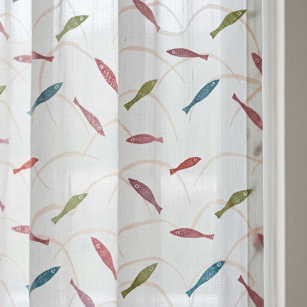 White Linen Sheer Curtains, Pastel Embroidered Fish Drapes, Coastal Ocean Nursery Custom Light Filtering Panels — image 1