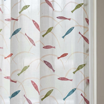 White Linen Sheer Curtains, Pastel Embroidered Fish Drapes, Coastal Ocean Nursery Custom Light Filtering Panels — image 1