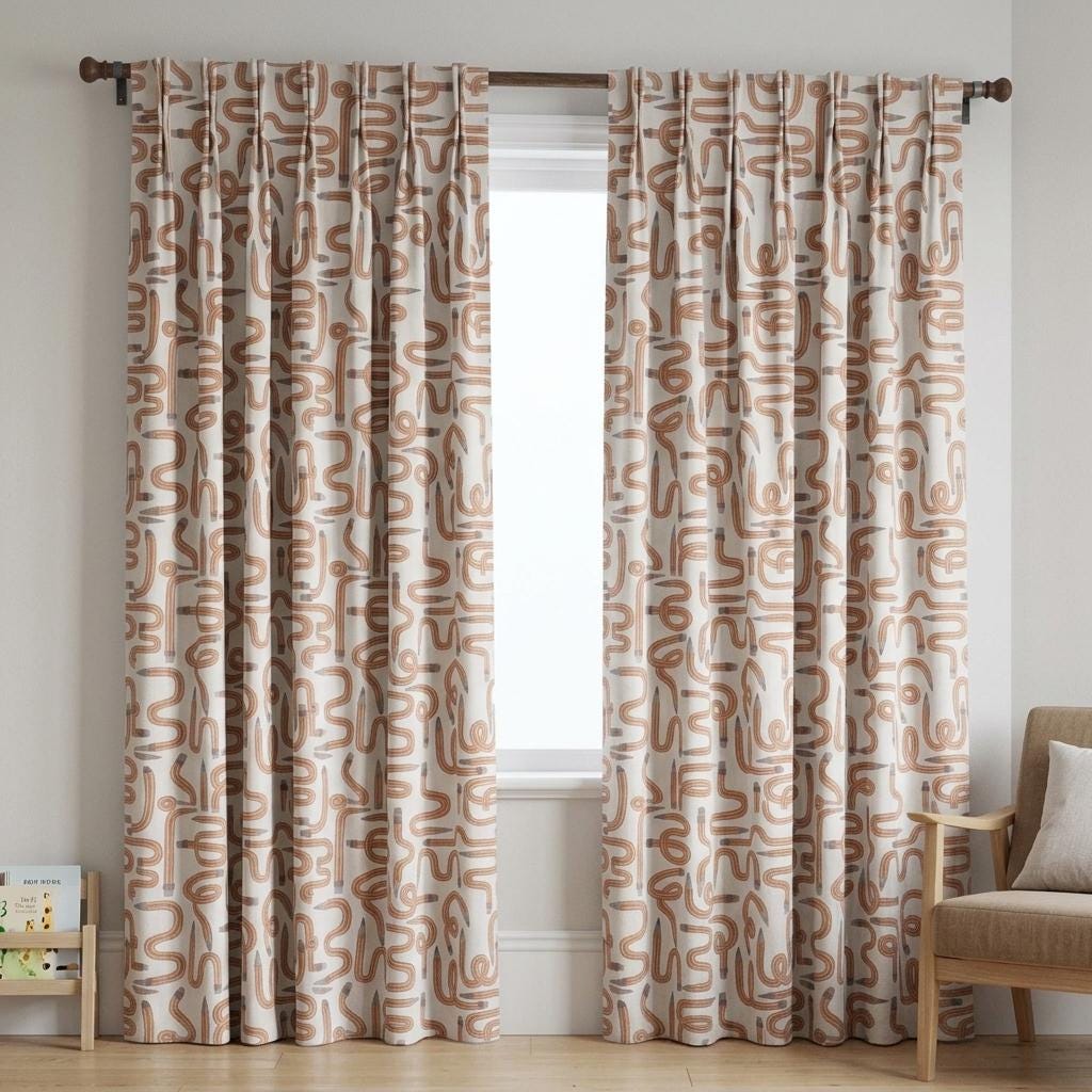 Soft White Velvet Curtains, Caramel Wavy Pencil Print, Nursery & Kids Room Drapes, Custom Sizes, Blackout Option — image 7