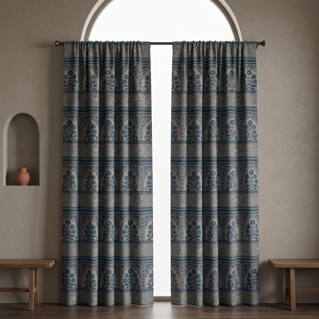 Natural Beige Linen Curtains: Teal Indigo Indian Mughal Floral Bird Print, Custom Blackout Drapes — image 6