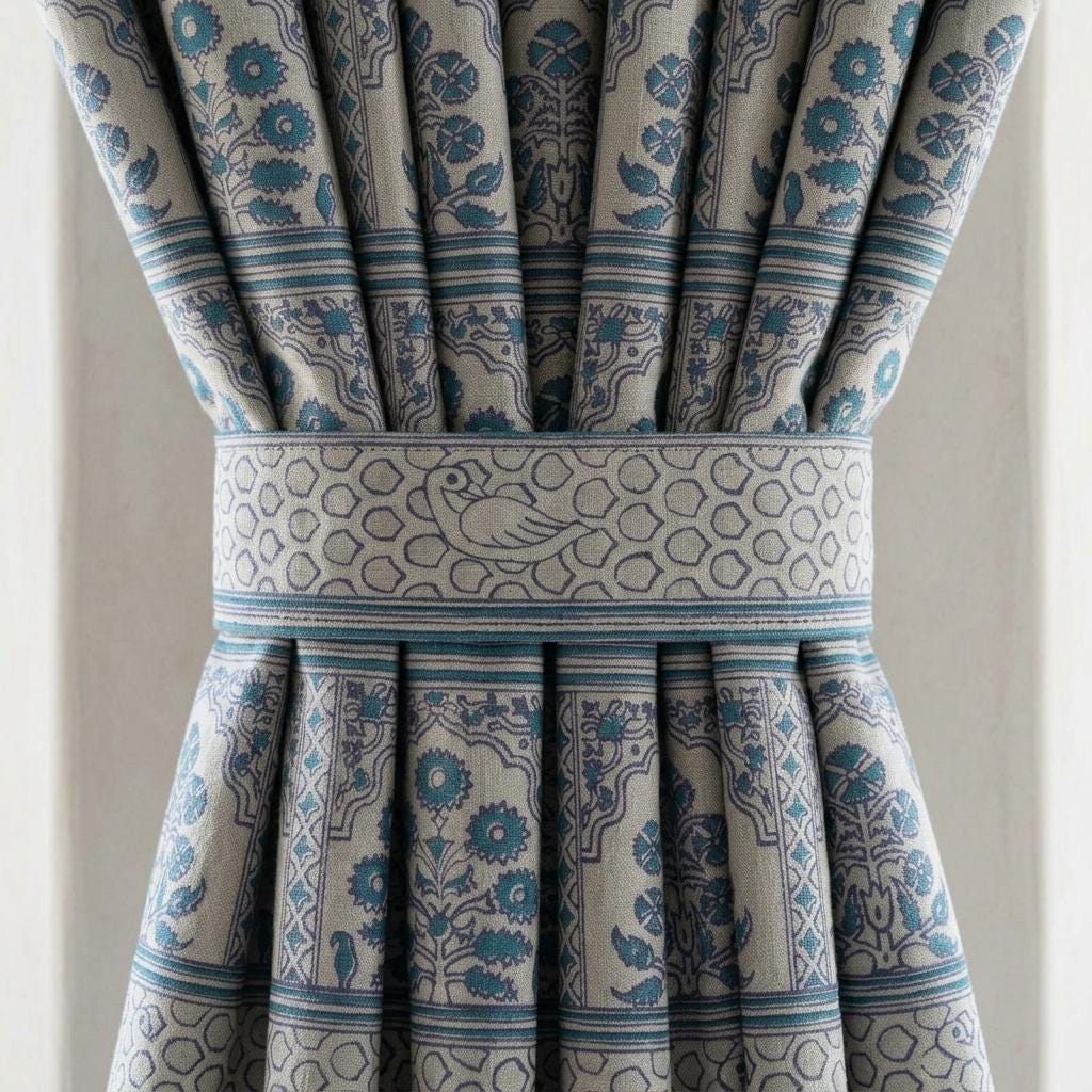 Natural Beige Linen Curtains: Teal Indigo Indian Mughal Floral Bird Print, Custom Blackout Drapes — image 2