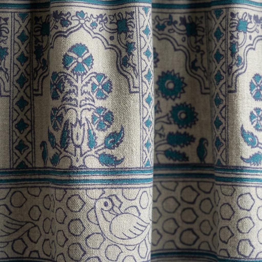 Natural Beige Linen Curtains: Teal Indigo Indian Mughal Floral Bird Print, Custom Blackout Drapes — image 8