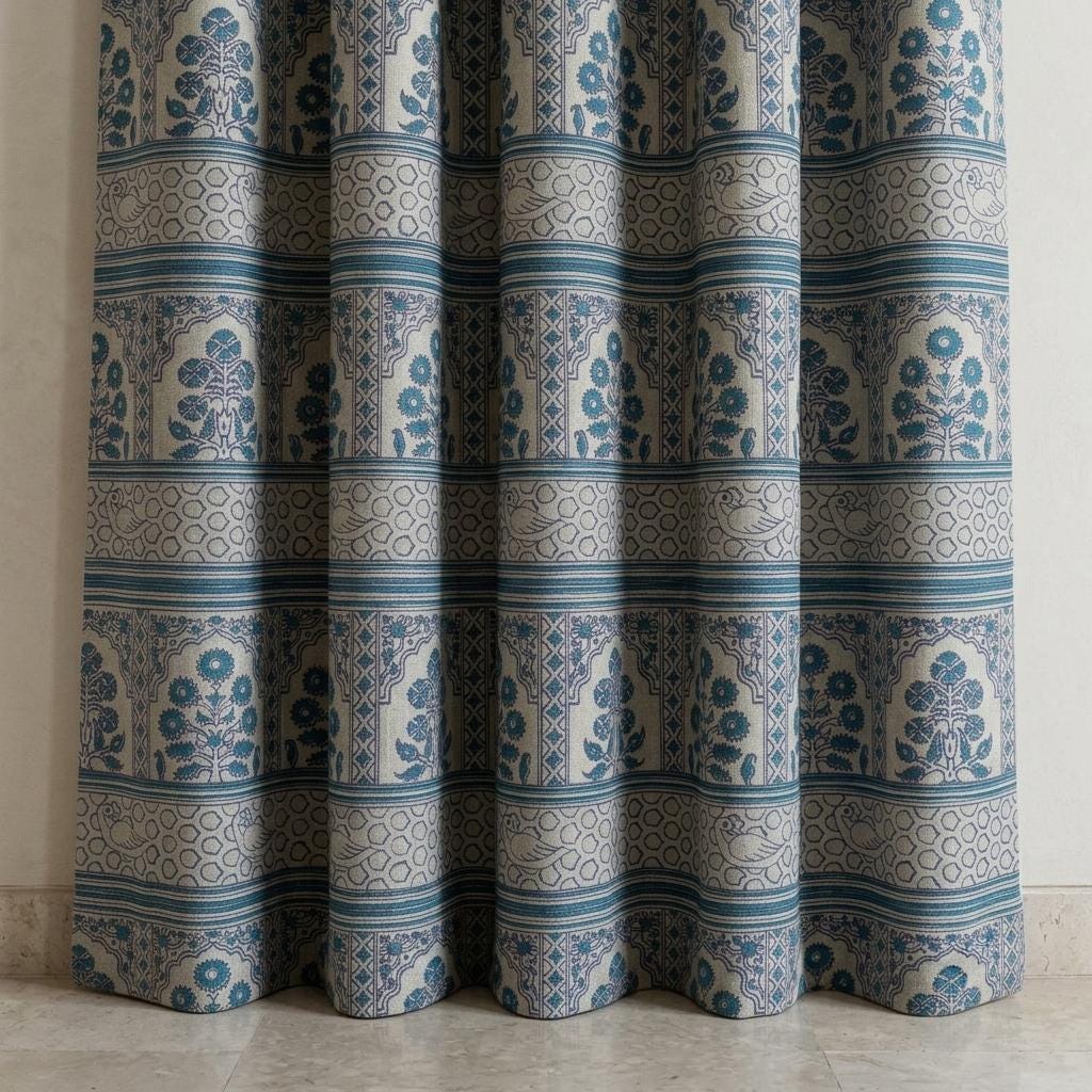 Natural Beige Linen Curtains: Teal Indigo Indian Mughal Floral Bird Print, Custom Blackout Drapes — image 4