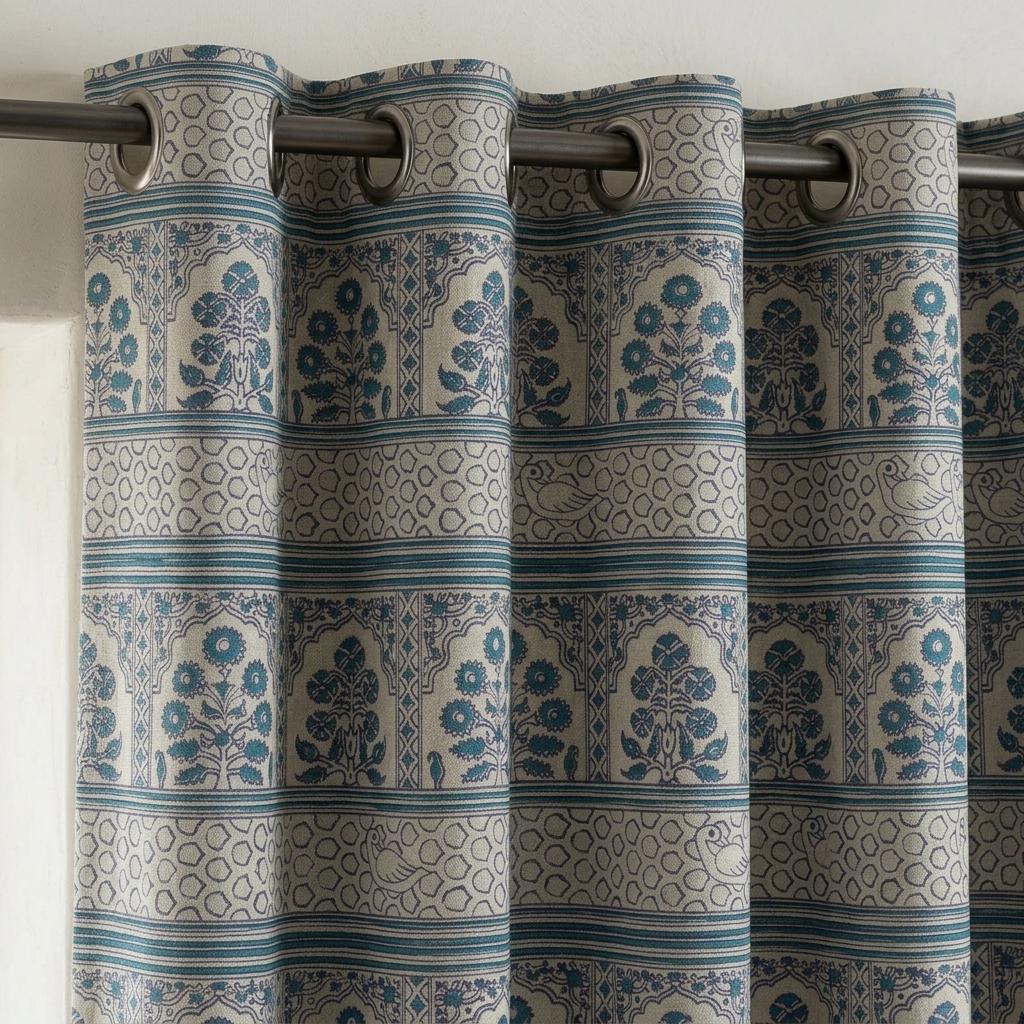 Natural Beige Linen Curtains: Teal Indigo Indian Mughal Floral Bird Print, Custom Blackout Drapes — image 3