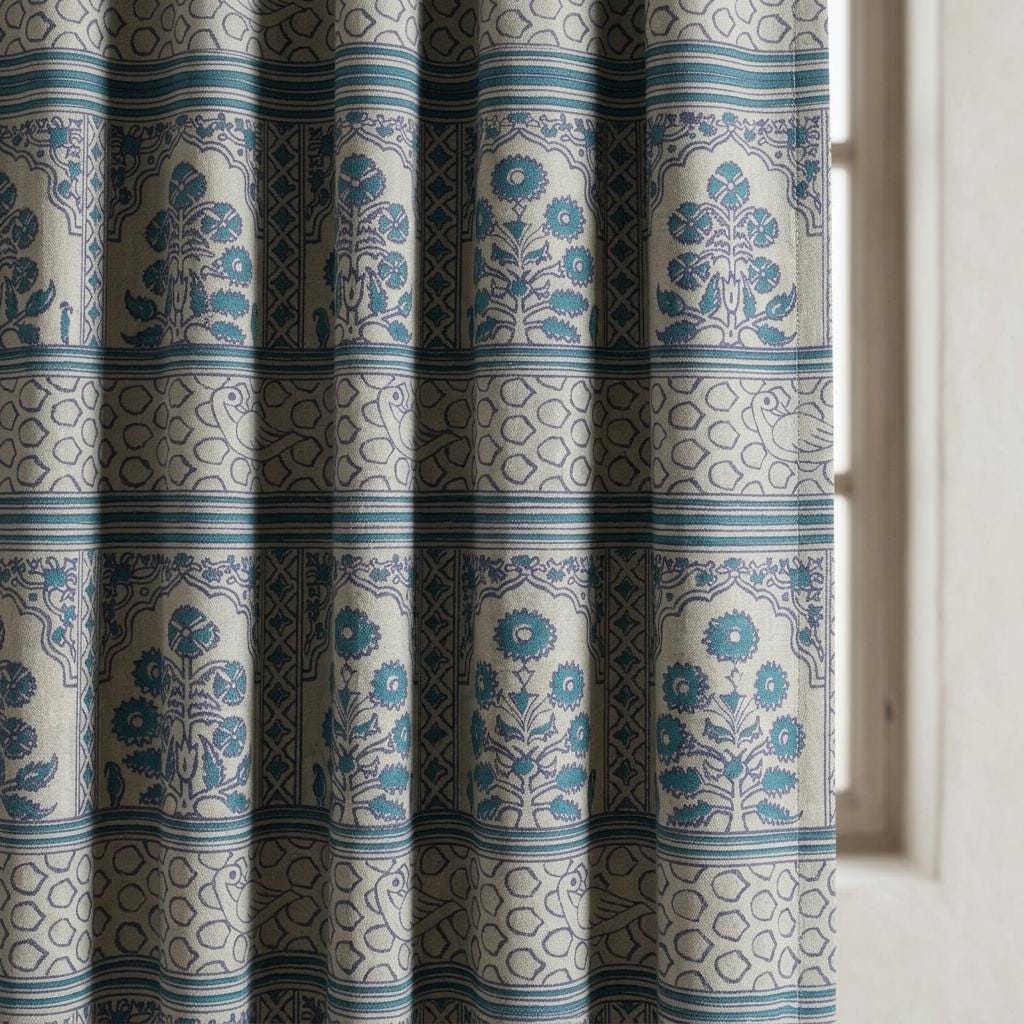 Natural Beige Linen Curtains: Teal Indigo Indian Mughal Floral Bird Print, Custom Blackout Drapes — image 1