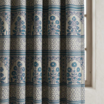 Natural Beige Linen Curtains: Teal Indigo Indian Mughal Floral Bird Print, Custom Blackout Drapes — image 1
