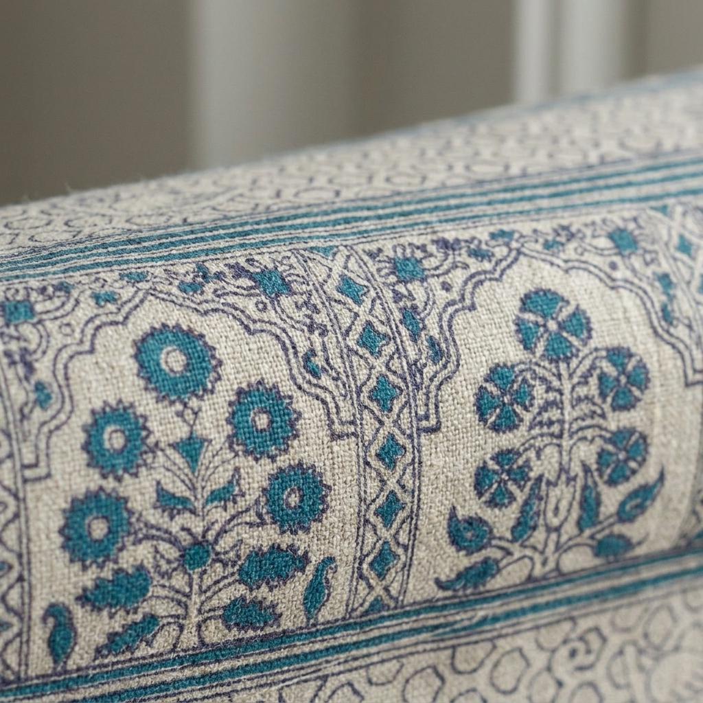 Natural Beige Linen Roman Shade, Teal Indigo Mughal Floral Bird Print, Custom Blackout or Light Filtering Blind — image 5