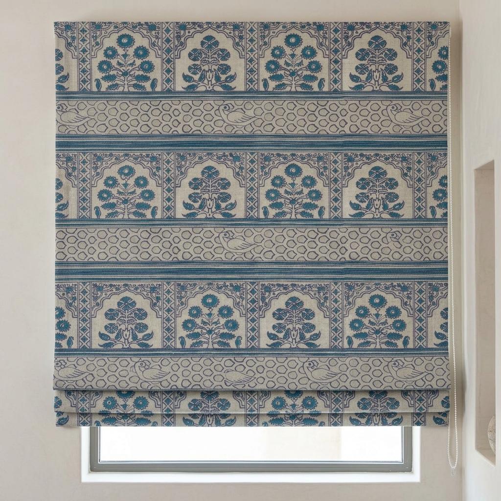 Natural Beige Linen Roman Shade, Teal Indigo Mughal Floral Bird Print, Custom Blackout or Light Filtering Blind — image 1