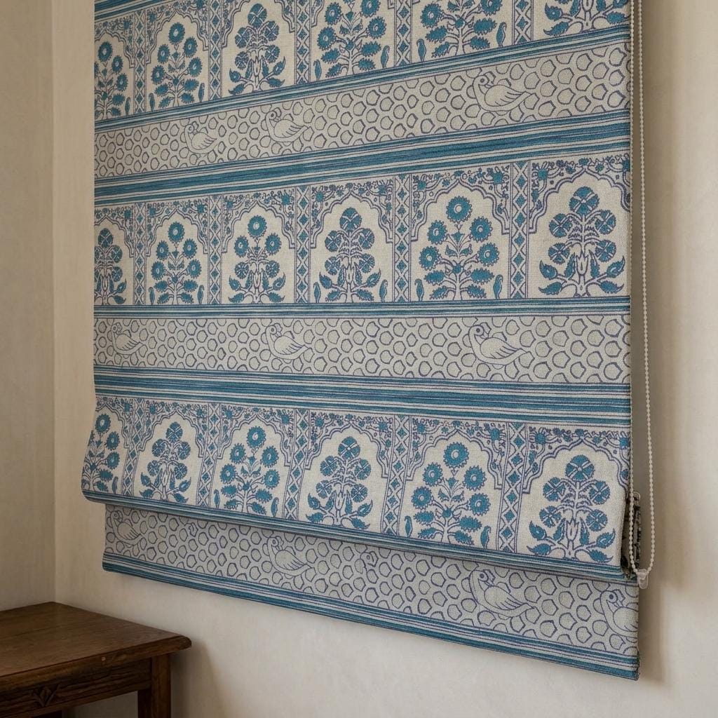 Natural Beige Linen Roman Shade, Teal Indigo Mughal Floral Bird Print, Custom Blackout or Light Filtering Blind — image 3