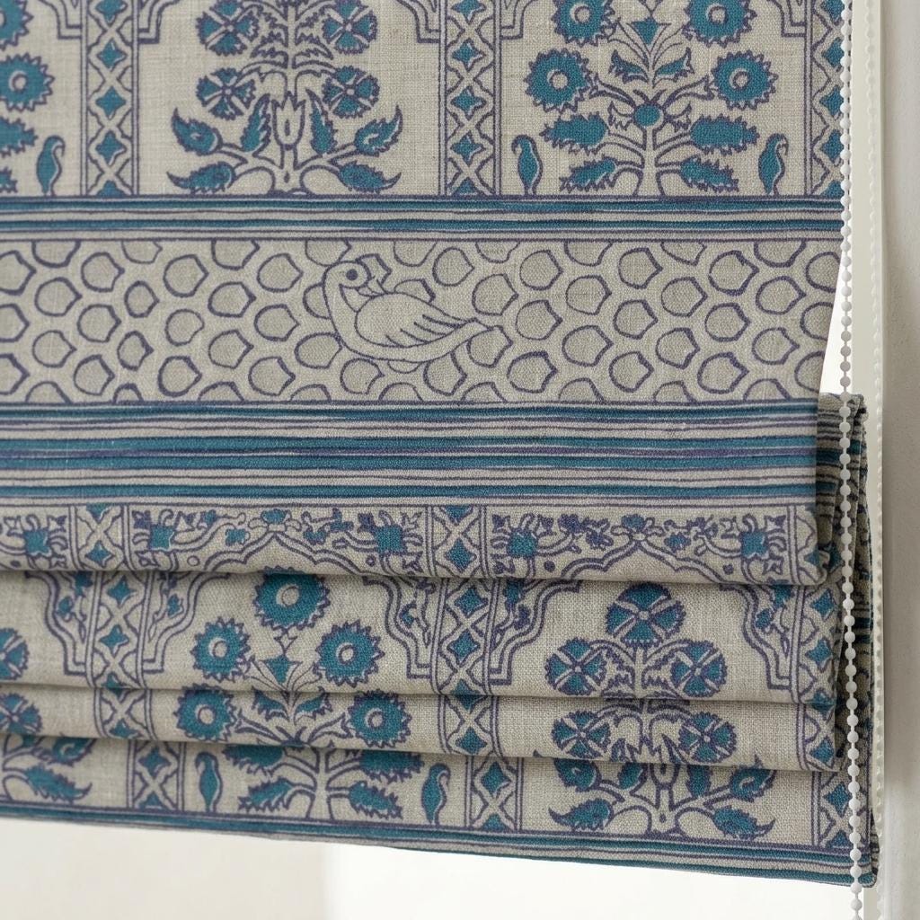 Natural Beige Linen Roman Shade, Teal Indigo Mughal Floral Bird Print, Custom Blackout or Light Filtering Blind — image 1