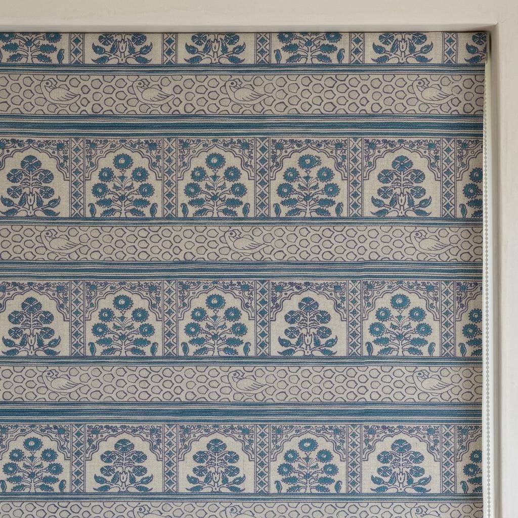 Natural Beige Linen Roman Shade, Teal Indigo Mughal Floral Bird Print, Custom Blackout or Light Filtering Blind — image 7