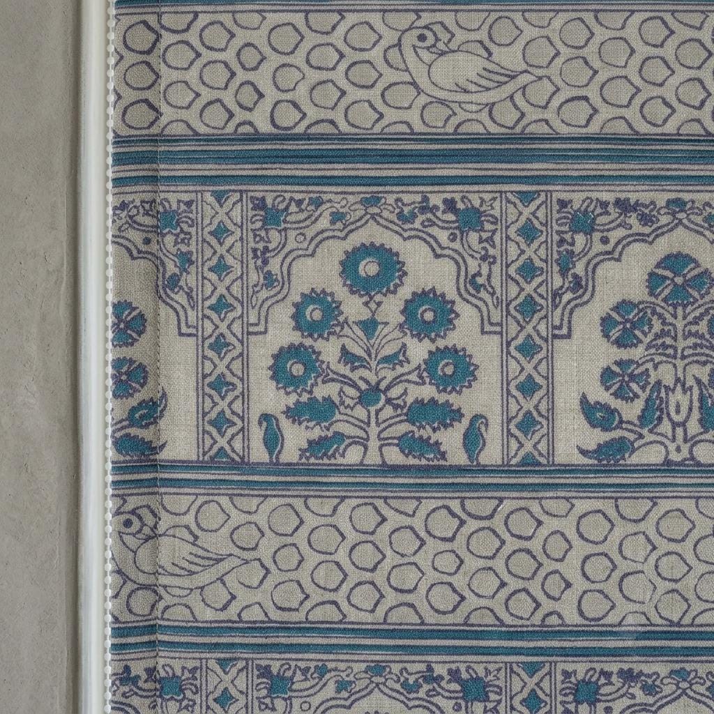 Natural Beige Linen Roman Shade, Teal Indigo Mughal Floral Bird Print, Custom Blackout or Light Filtering Blind — image 8