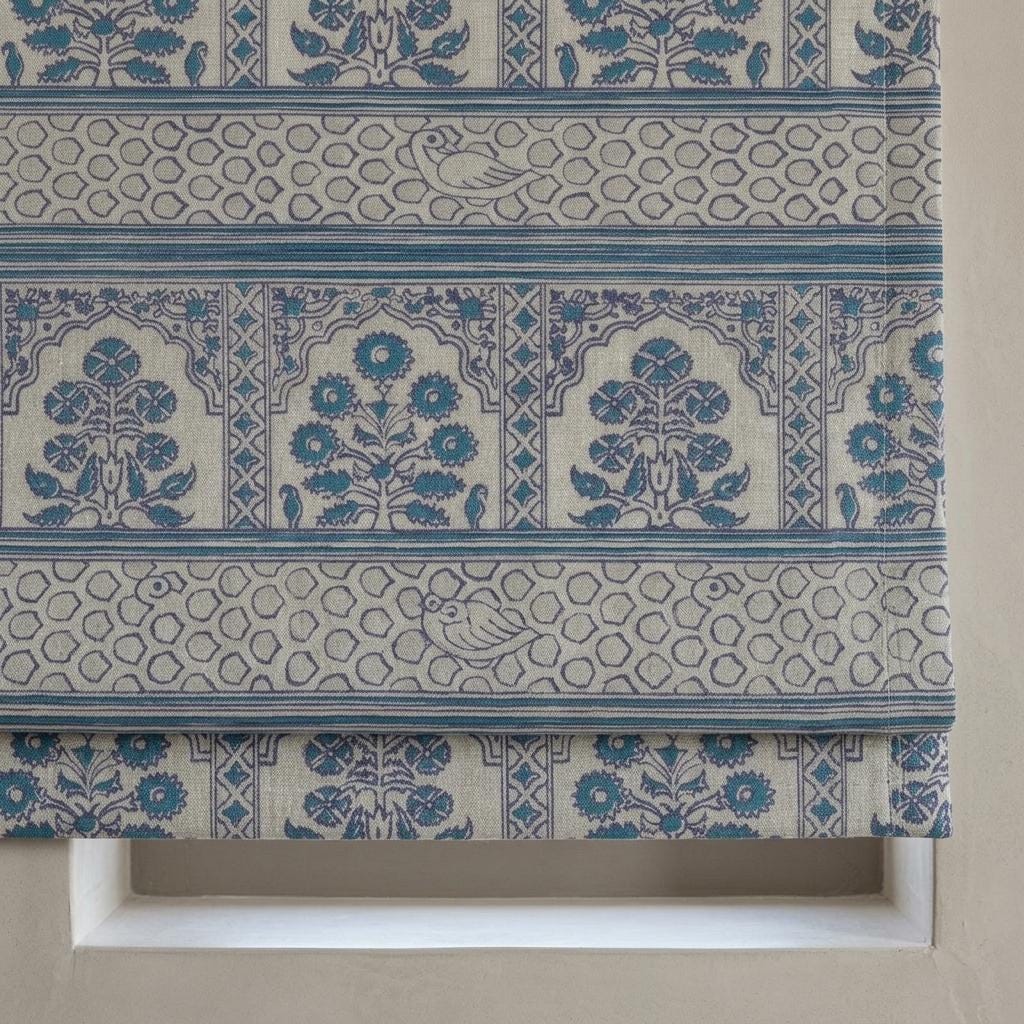 Natural Beige Linen Roman Shade, Teal Indigo Mughal Floral Bird Print, Custom Blackout or Light Filtering Blind — image 9