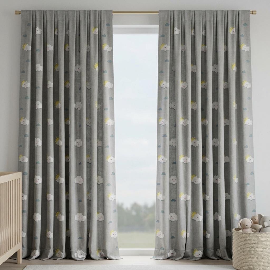 Light Blue Linen Curtains, White Cloud & Yellow Sun Embroidery, Custom Blackout Nursery Drapes — image 7