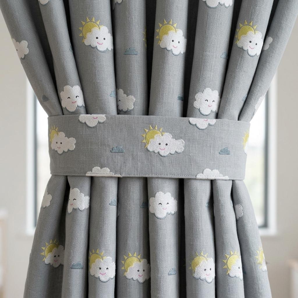 Light Blue Linen Curtains, White Cloud & Yellow Sun Embroidery, Custom Blackout Nursery Drapes — image 3