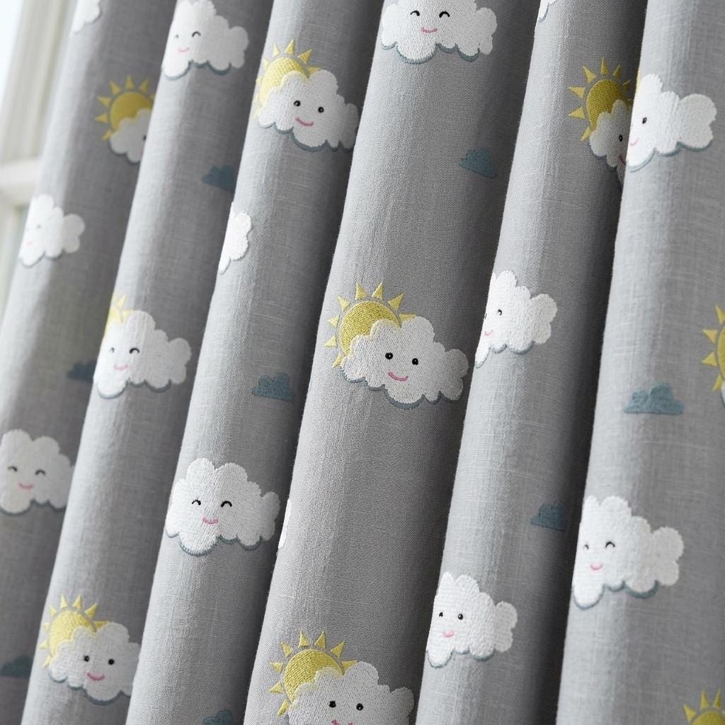 Light Blue Linen Curtains, White Cloud & Yellow Sun Embroidery, Custom Blackout Nursery Drapes — image 8