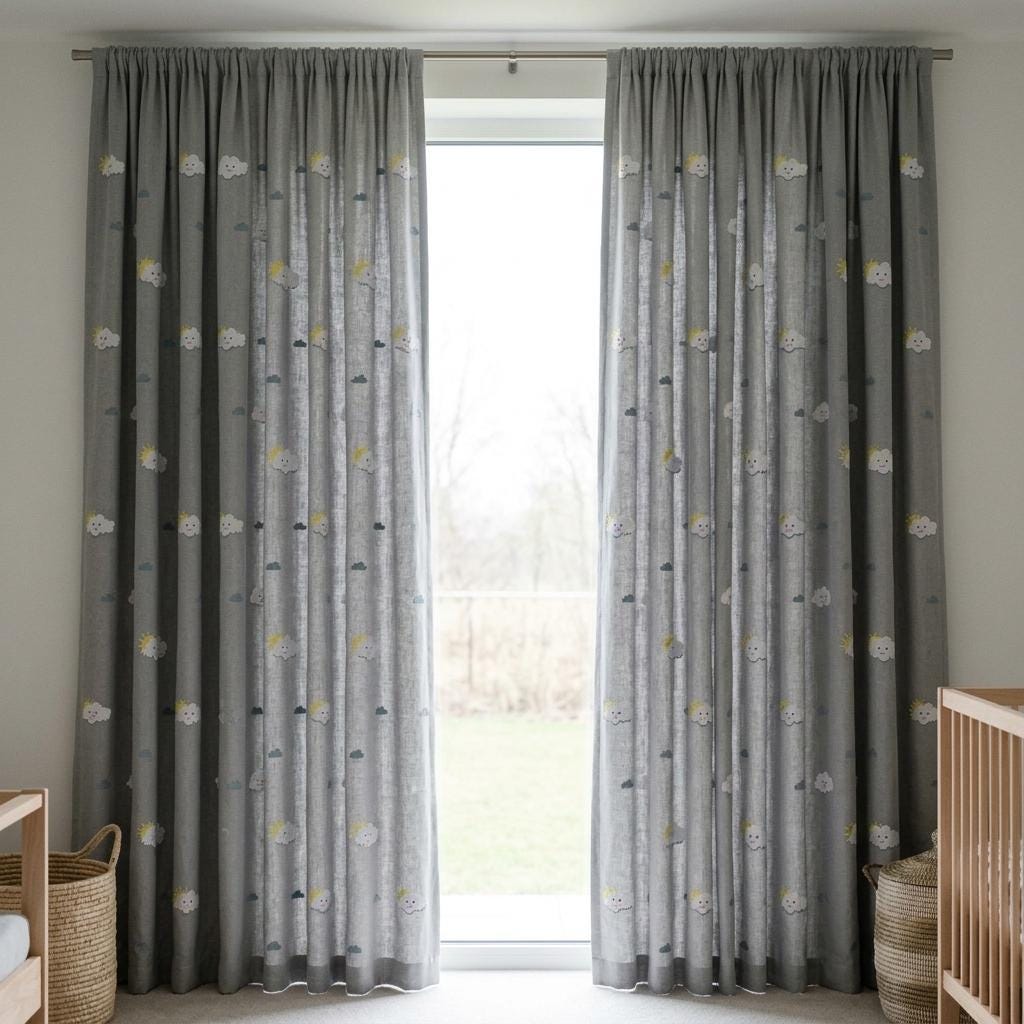 Light Blue Linen Curtains, White Cloud & Yellow Sun Embroidery, Custom Blackout Nursery Drapes — image 10