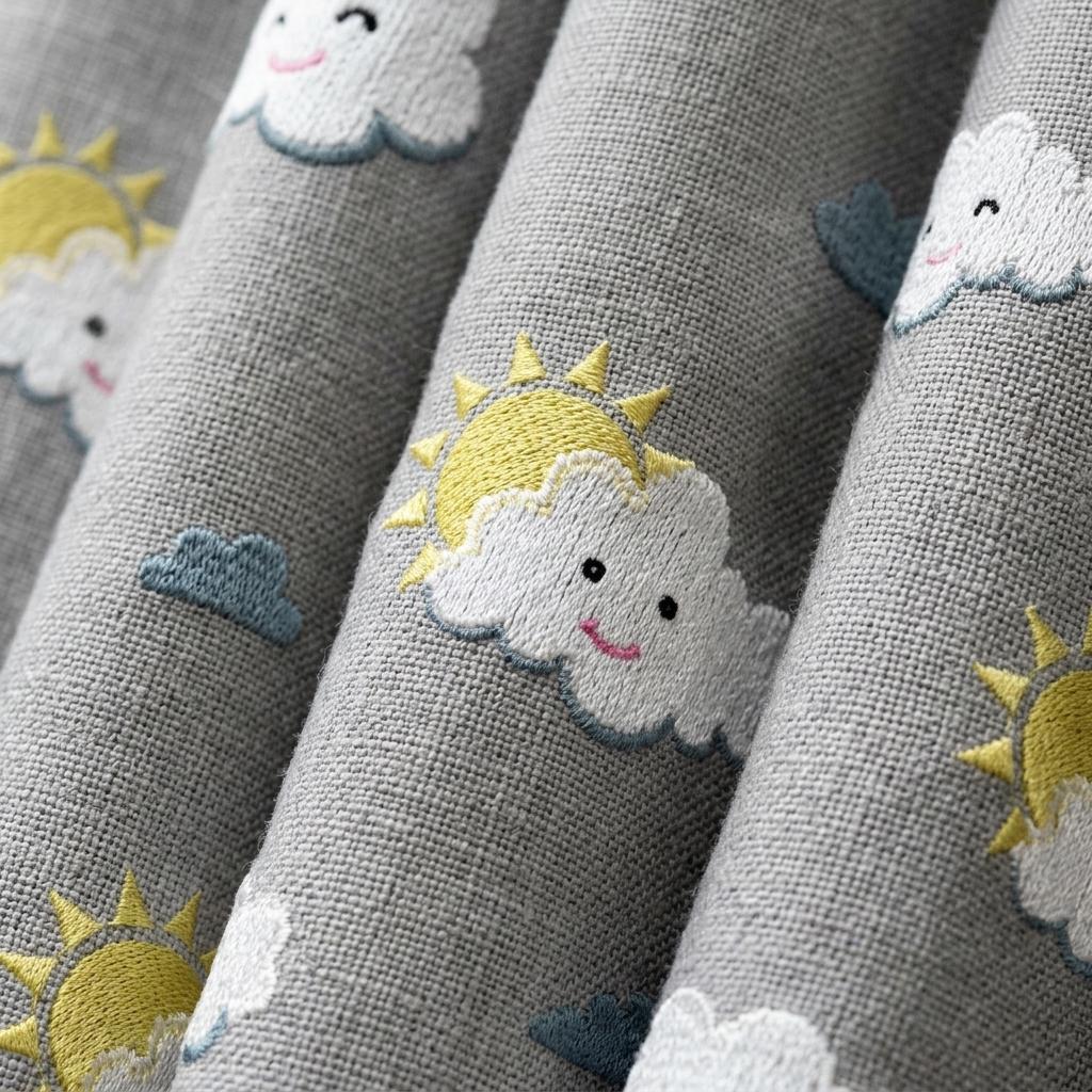 Light Blue Linen Curtains, White Cloud & Yellow Sun Embroidery, Custom Blackout Nursery Drapes — image 9