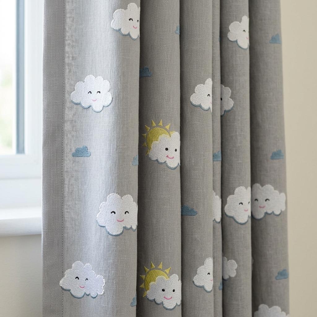 Light Blue Linen Curtains, White Cloud & Yellow Sun Embroidery, Custom Blackout Nursery Drapes — image 1