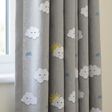 Light Blue Linen Curtains, White Cloud & Yellow Sun Embroidery, Custom Blackout Nursery Drapes — image 1