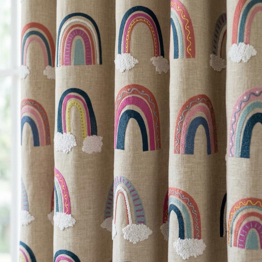 Natural Beige Linen Rainbow Curtains, White Cloud Embroidery, Custom Blackout Nursery Drapes — image 4