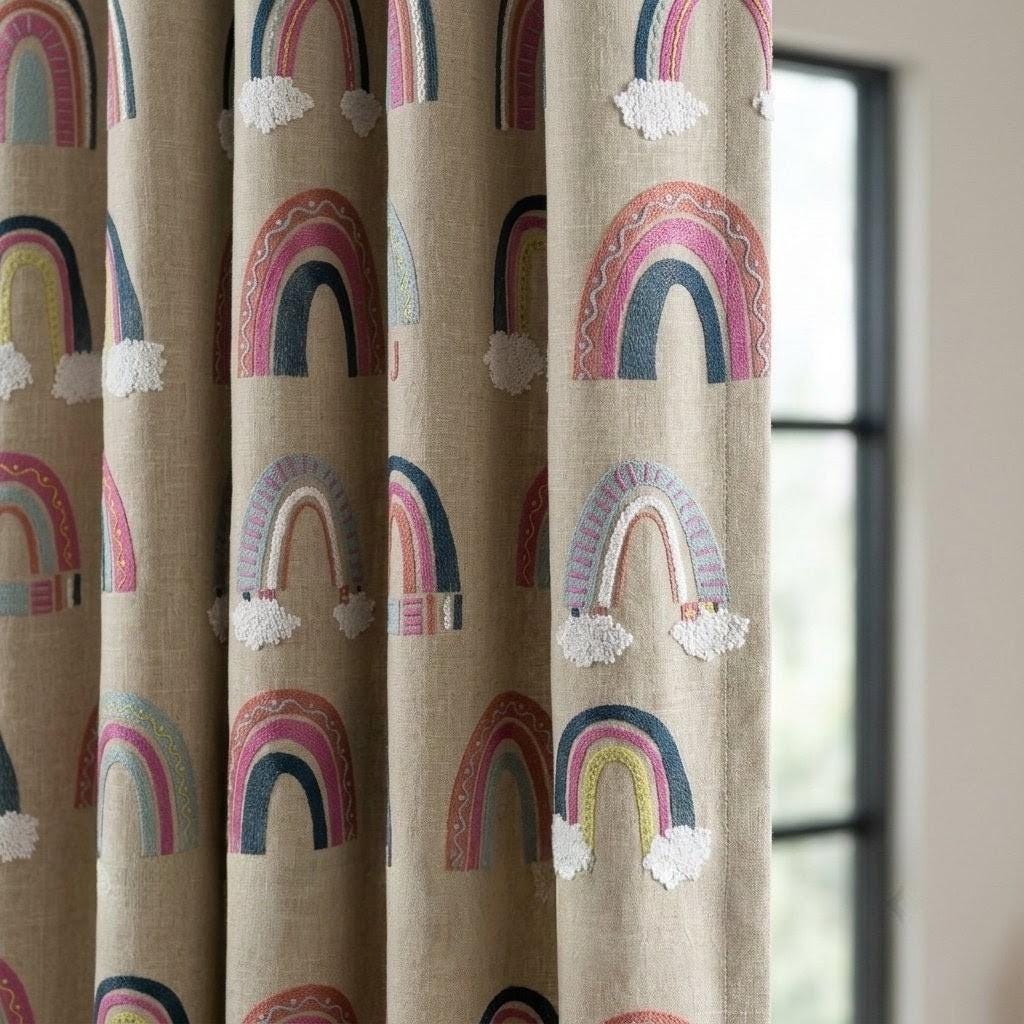 Natural Beige Linen Rainbow Curtains, White Cloud Embroidery, Custom Blackout Nursery Drapes — image 1