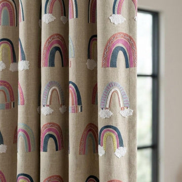 Natural Beige Linen Rainbow Curtains, White Cloud Embroidery, Custom Blackout Nursery Drapes — image 1