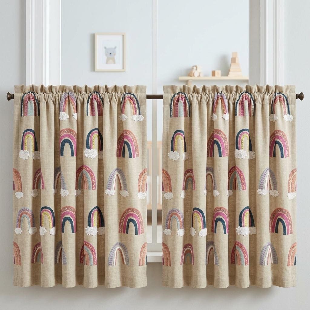 Natural Beige Linen Rainbow Curtains, White Cloud Embroidery, Custom Blackout Nursery Drapes — image 10