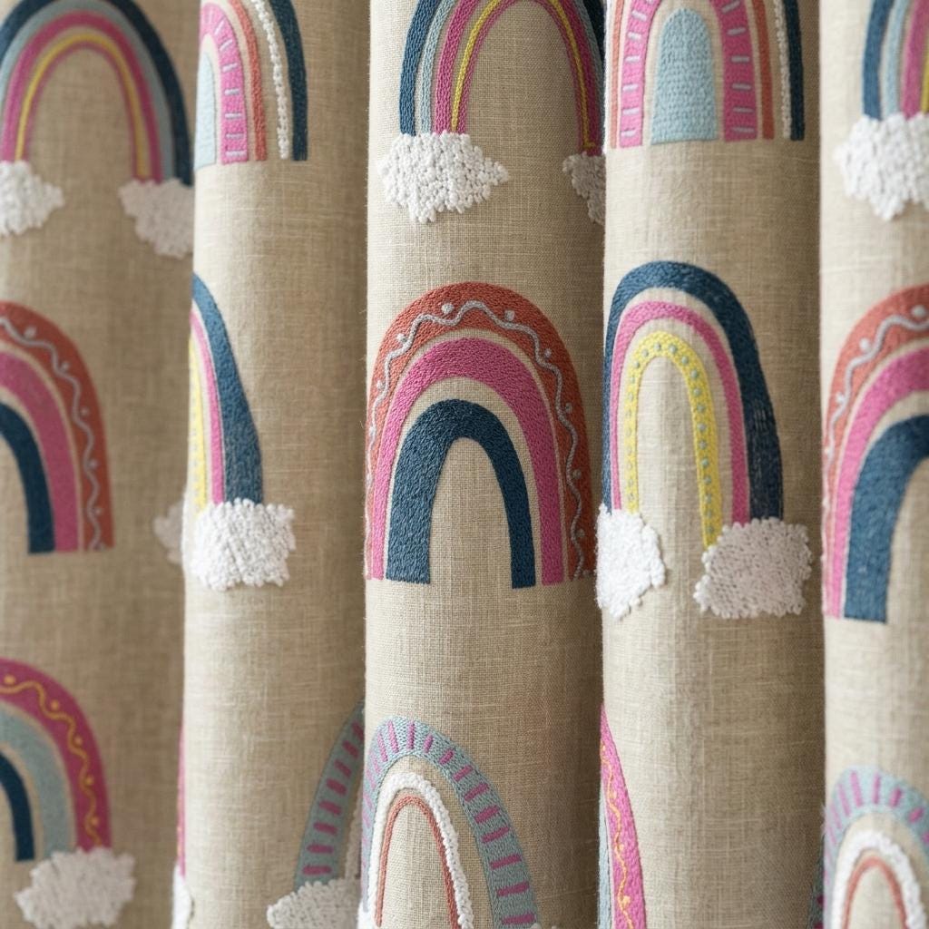 Natural Beige Linen Rainbow Curtains, White Cloud Embroidery, Custom Blackout Nursery Drapes — image 9