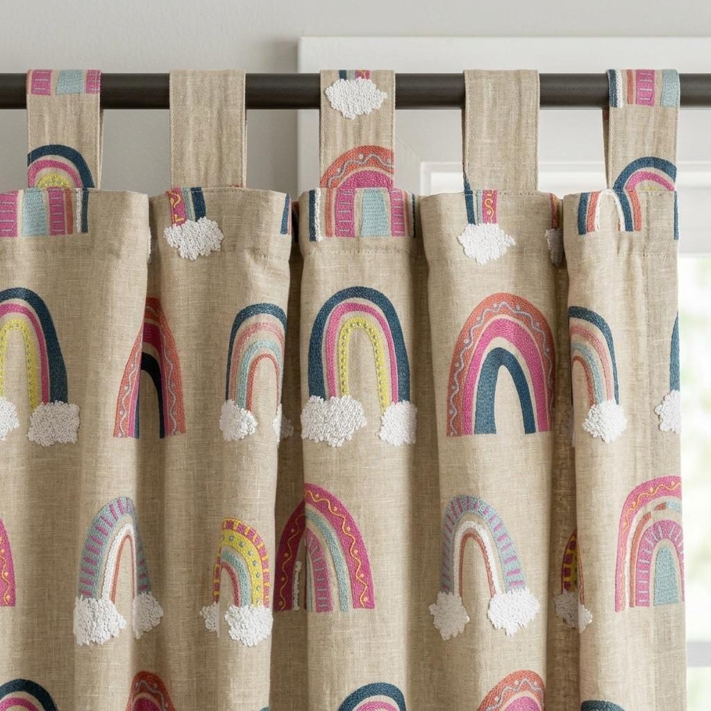 Natural Beige Linen Rainbow Curtains, White Cloud Embroidery, Custom Blackout Nursery Drapes — image 5