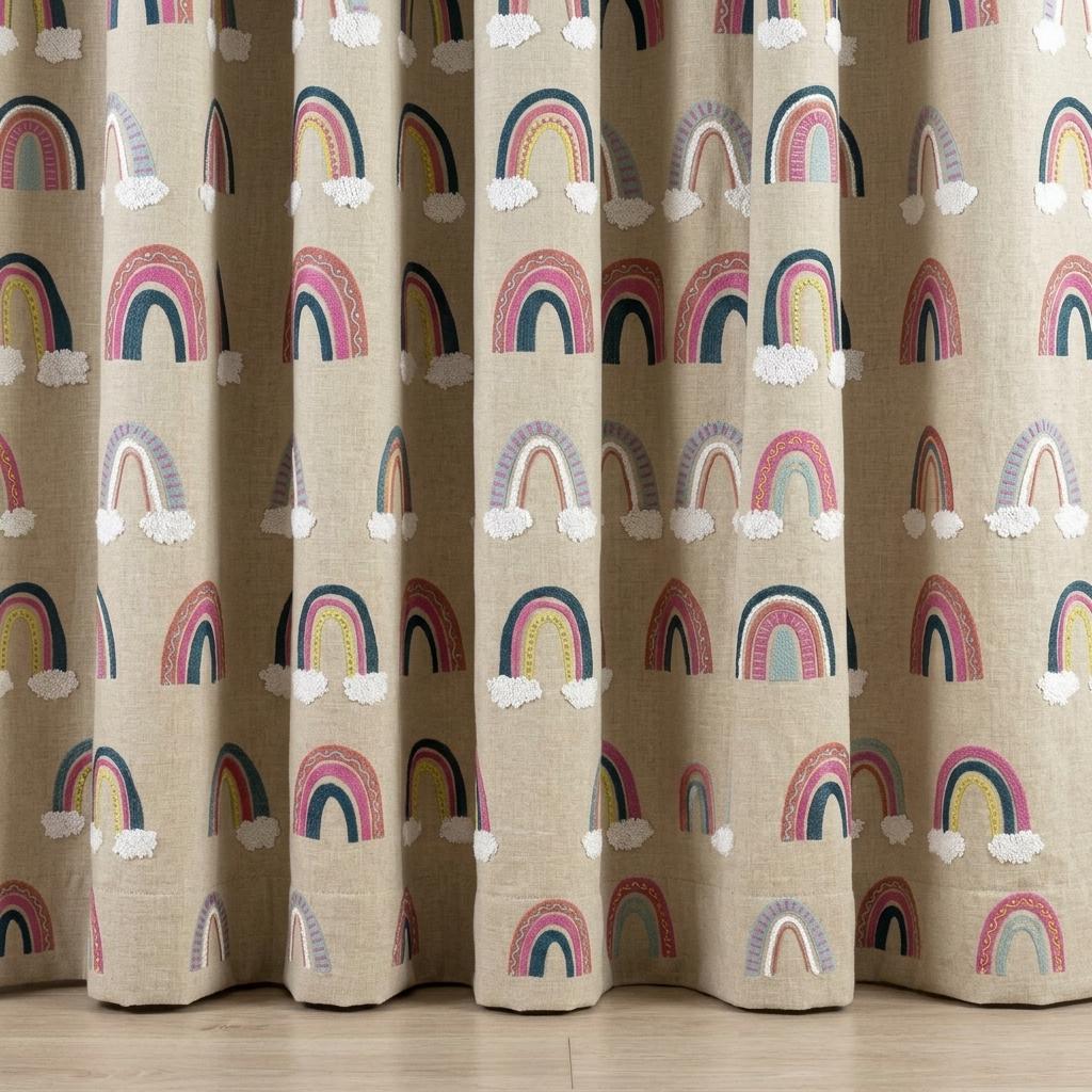 Natural Beige Linen Rainbow Curtains, White Cloud Embroidery, Custom Blackout Nursery Drapes — image 8