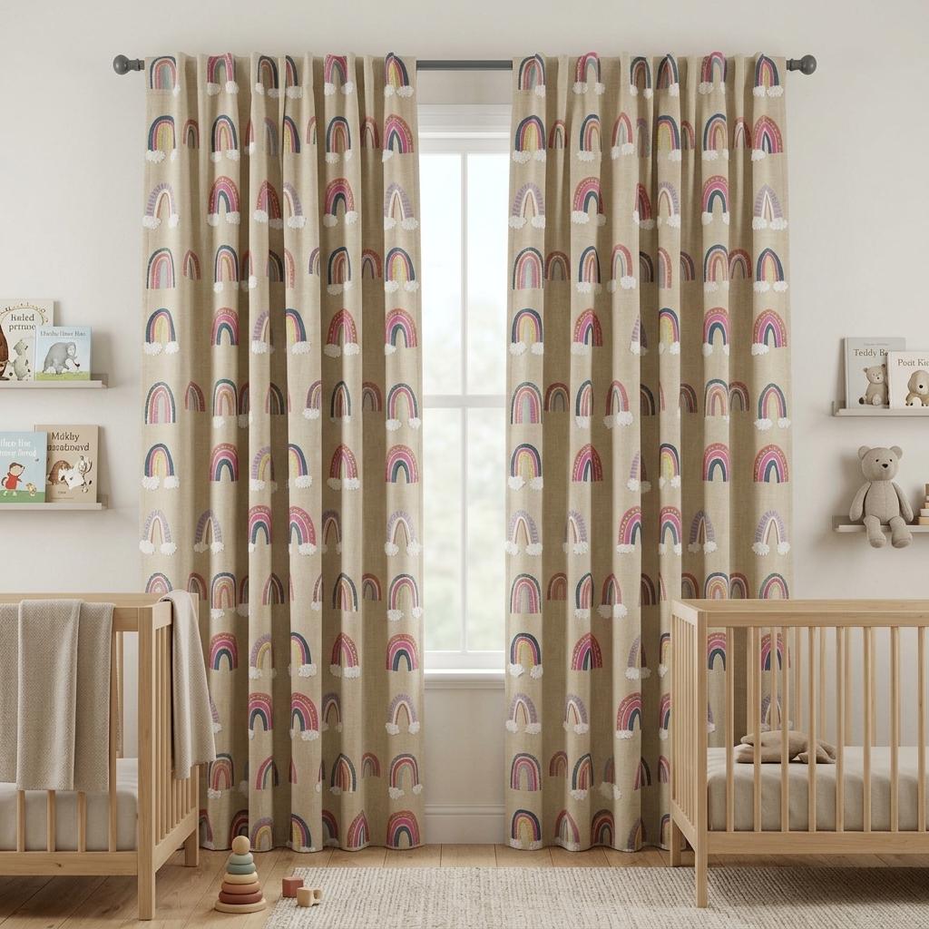 Natural Beige Linen Rainbow Curtains, White Cloud Embroidery, Custom Blackout Nursery Drapes — image 6