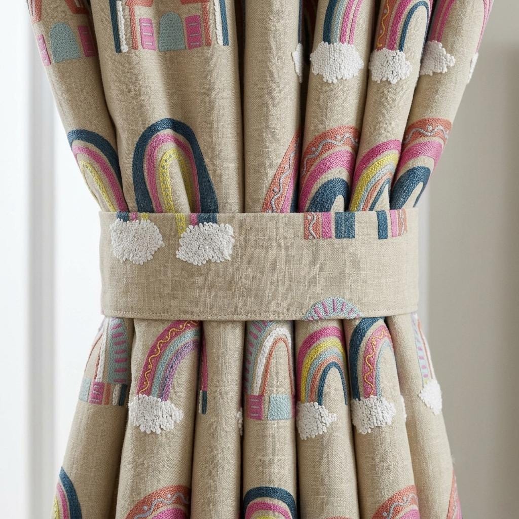 Natural Beige Linen Rainbow Curtains, White Cloud Embroidery, Custom Blackout Nursery Drapes — image 2