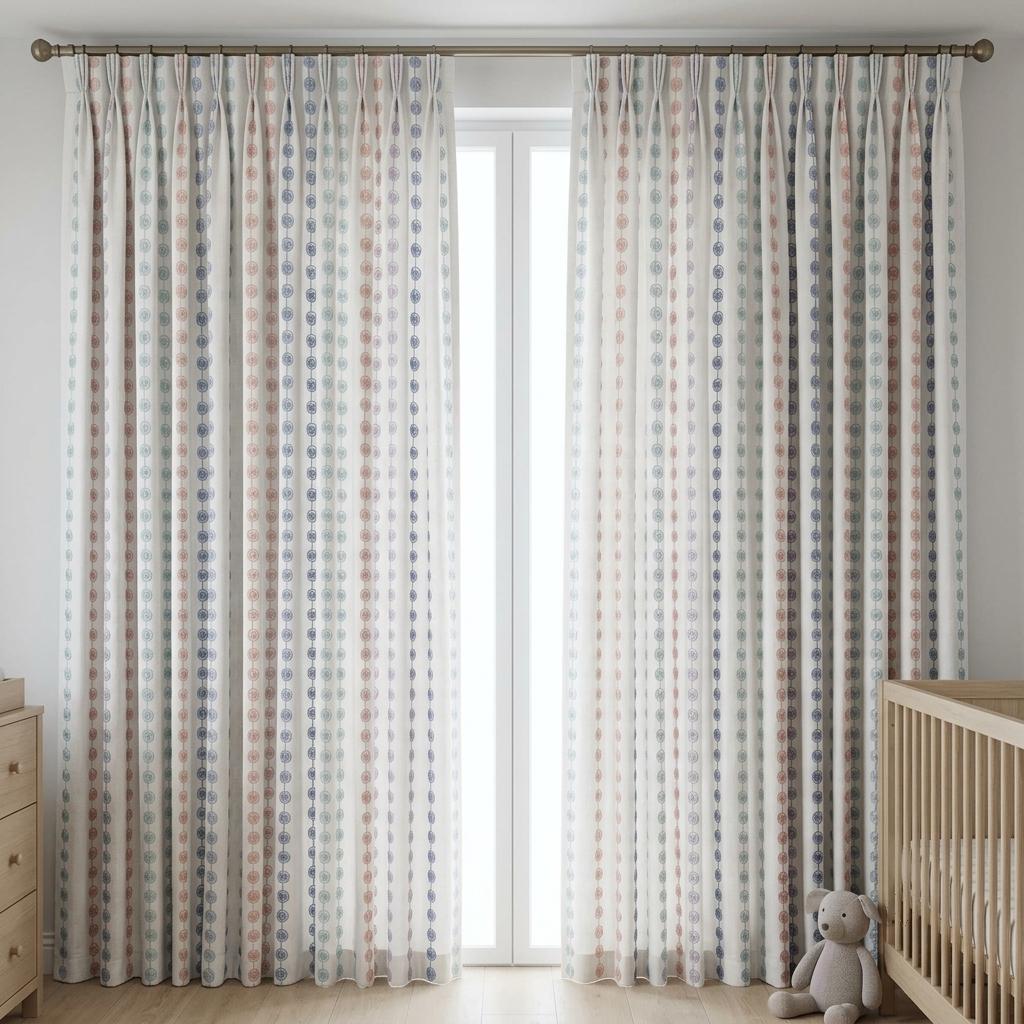 Soft White Linen Curtains, Aqua Peach Lilac & Blue Spiral Embroidery, Custom Blackout Nursery Drapes — image 5