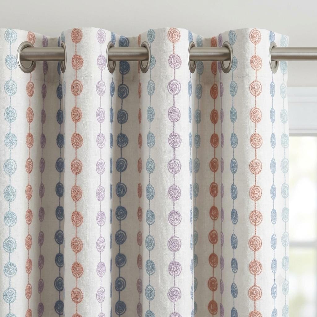 Soft White Linen Curtains, Aqua Peach Lilac & Blue Spiral Embroidery, Custom Blackout Nursery Drapes — image 6