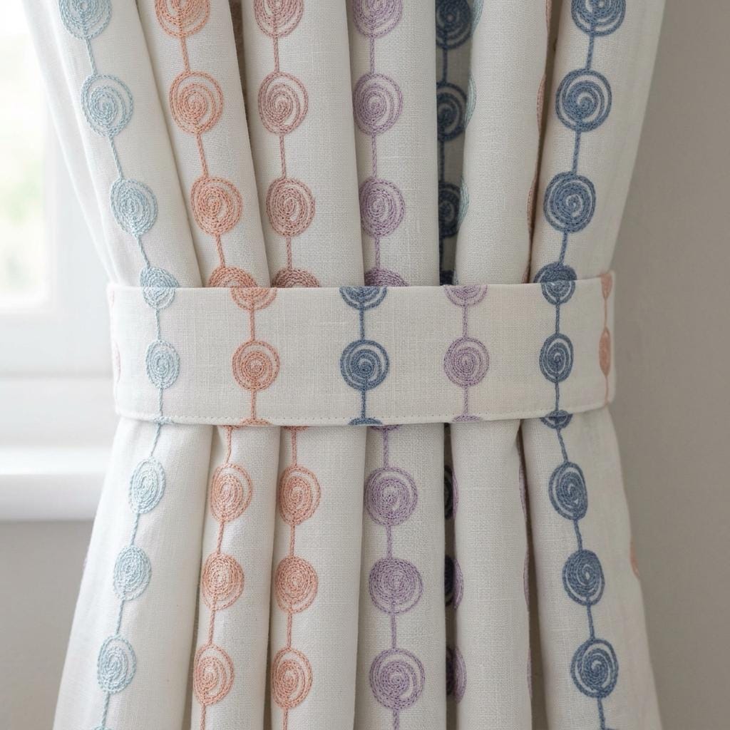 Soft White Linen Curtains, Aqua Peach Lilac & Blue Spiral Embroidery, Custom Blackout Nursery Drapes — image 2