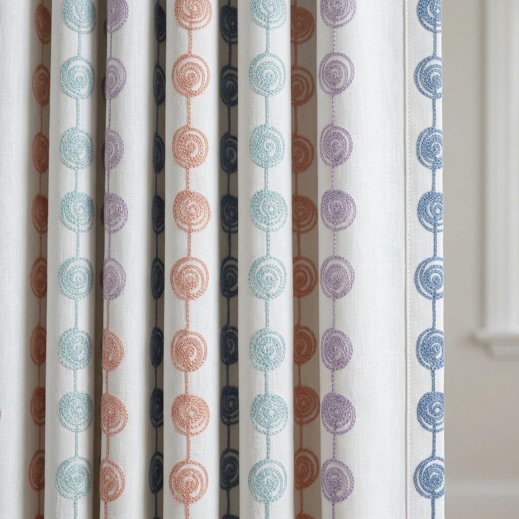 Soft White Linen Curtains, Aqua Peach Lilac & Blue Spiral Embroidery, Custom Blackout Nursery Drapes — image 7
