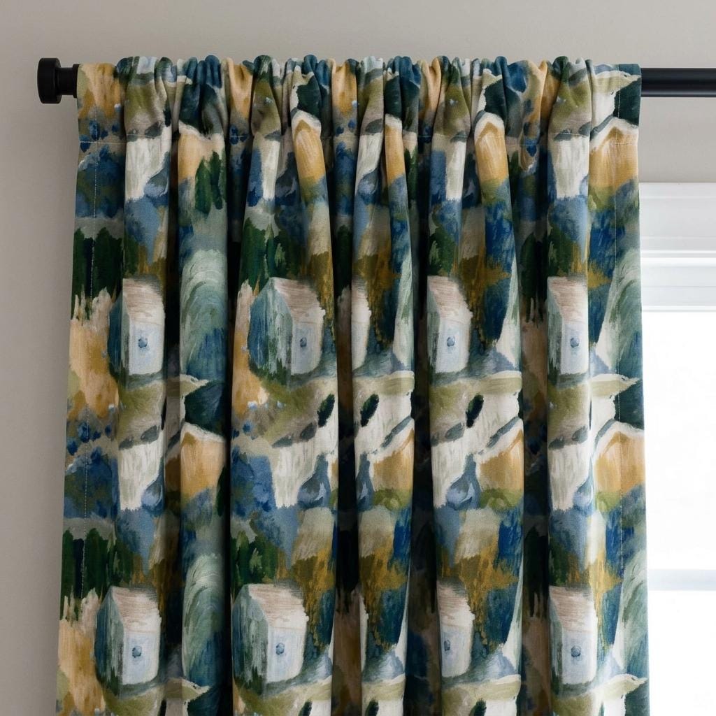 Blue Green Mustard Linen Curtains, Abstract Watercolor Landscape Print, Custom Nursery Drapes, Blackout Option — image 3