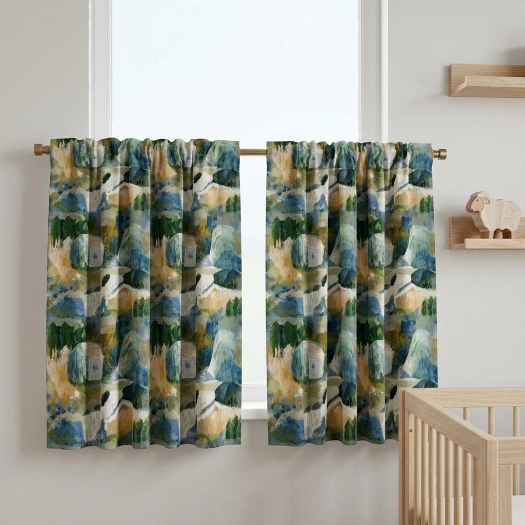 Blue Green Mustard Linen Curtains, Abstract Watercolor Landscape Print, Custom Nursery Drapes, Blackout Option — image 7