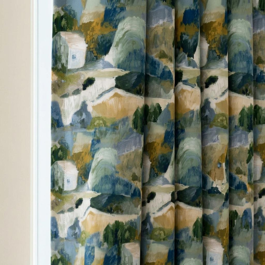 Blue Green Mustard Linen Curtains, Abstract Watercolor Landscape Print, Custom Nursery Drapes, Blackout Option — image 10