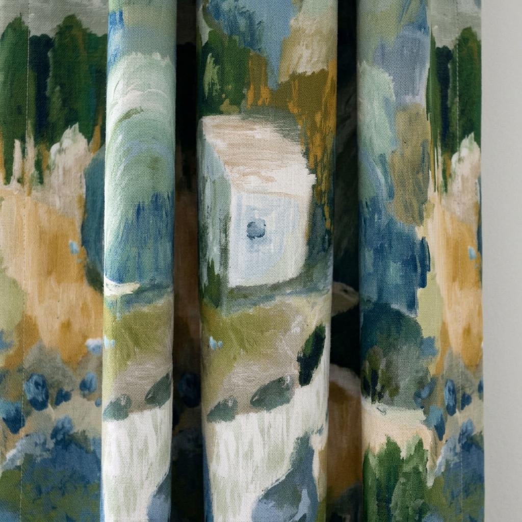 Blue Green Mustard Linen Curtains, Abstract Watercolor Landscape Print, Custom Nursery Drapes, Blackout Option — image 8